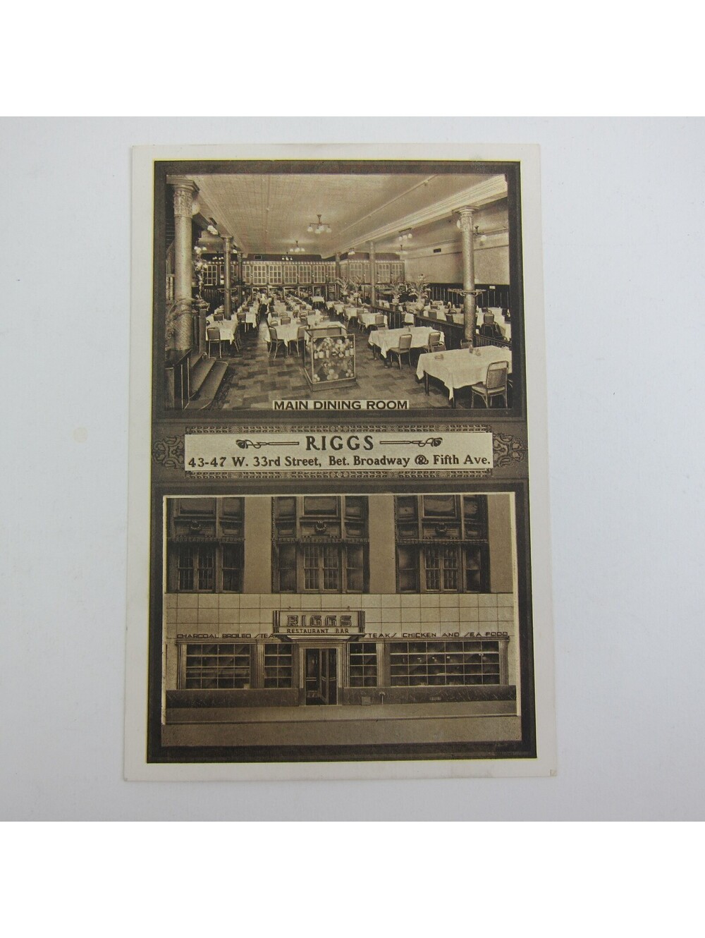 Postcard New York City Park Riggs Restaurant Dining 33rd Antique UNPOSTED RARE